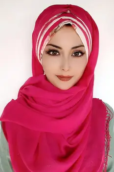 Yeni Moda Hijab Kadın 2021 Müslüman Başörtüsü Islami Tesettür Türban Şapka Fular Eşarp Pembe Renk Beyaz Şifon Detaylı Hazır Şal
