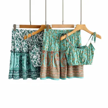 YNZZU Seksikas Naiste Kaks osaline Komplekt Boho Stiilis Lilleline Cami Crop Top + Mini Seelikud Kõrge Vöökoht Varustus Beachwear 2020. Aasta Suvel AJ055