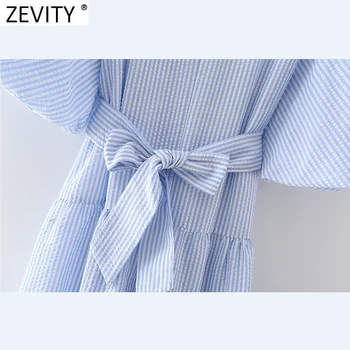 Zevity 2021 Naiste Vintage V-Kaeluse Triibuline Printimine kikilips Tiivad Kneeth Kleit Naine Puhvis Varrukad Stiilne Äri Pool Vestido DS5057