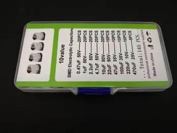 10value mix Alumiinium-elektrolüütkondensaatorid kondensaator komplekt box 145PCS 0.47 uf 1uf 2.2 uf 4.7 uf 10uf 22uf 47uf 100uf 220uf 470uf 10v 25v 35v