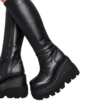 11.11 Suur allahindlus luksus brändi naiste platvorm saapad Naiste kiilud paksu põhjaga saapad sügis-talve nahktagi punk on lahe kingad