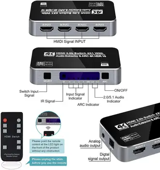 4K60Hz 4 Porti HDMI 2.0 b Lülitage Vahetaja Box 4 in 1 Out Optilise 3.5 mm Stereo Audio Out Remote Audio Extractor ARC HDCP 2.2