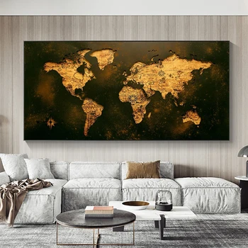 Abstraktne Golden World Map Plakatid, Print Lõuend Suur Retro Kaart Rippuvad Pildid elutuba Decor raamita