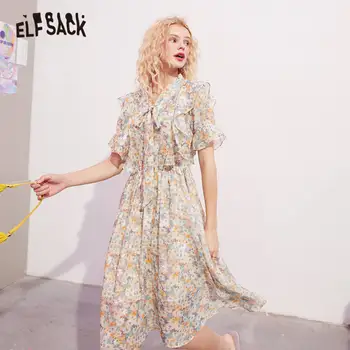 ELFSACK Disty Õie Printida Vibu Kaelus Vabaaja Ruffle Kleit Naiste 2020. Aasta Suvel ELF Vintage korea Girly Puhkus Sifonki Kleidid