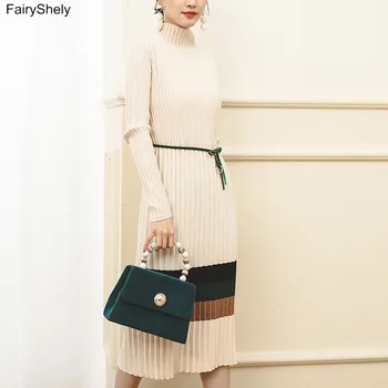 Fairyshely Korea Seotav Vöö Pikk, Kõrge Kaelusega Kampsun Kleit Naiste 2020. Aasta Sügis-Talvel Triibuline, Keskel Kleit Lady Kootud Pullover Kleit