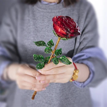 H&D Crystal Rose Lille, Roheliste Lehtede jaoks Crystal Pulma-Aastapäeva puhul Naine,Igavesti Romantiline Kingitused Tema (Punane/Sinine)