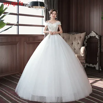 HMHS#Pulm Kleit Tikitud Pits Net Pikkade varrukatega O-Kaeluse Lace up abielluda Kleidid valge Kaua, odavad, Hulgimüük pall kleit