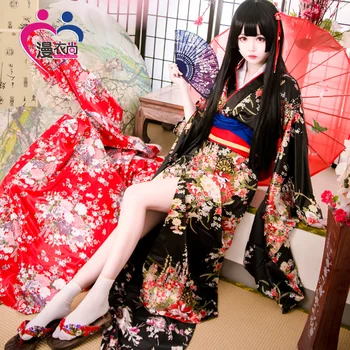 Jigoku Shoujo Enma Ai Neiu Kleit Kimono Yukata Ühtne Komplekt Anime Cosplay Kostüümid Kimono + Vöö + bowknot + kokkuklapitavad fänn
