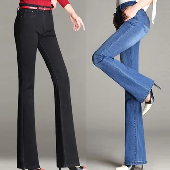 Klassikaline Tahke Stretch Skinny Lahvatas Teksad Naistele, Pluss Suurus, Õhuke Denim Bell Bottom Püksid Naiste kontoritöö Ema Mopiga Püksid