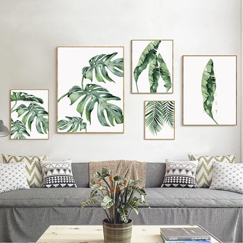 Lihtne Akvarell Taime Rohelised Lehed, Lõuend Maali Art Deco Plakat Magamistuba, Elutuba Söögitoa Seina Art Teenetemärgi