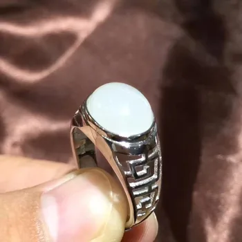 Looduslik valge jade pärl Ring Füüsiliste kalliskivi Sõrmus 925 sterling hõbe Retro identiteedi Lohkus ringi Mehed male naised erakonna Ehted