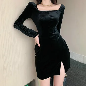 Must Elegantne Mini Kleit Naiste Square Krae Gooti Pikk Varrukas, Slim Pool Kleit Seksikas Naine Ühes tükis Kleit korea Sügisel 2020