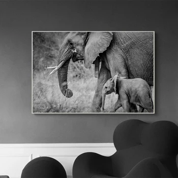 Must ja Valge Metsikud Elevandid Ema Poeg Loomade Lõuendile Maali Plakatid ja Pildid Cuadros Seina Art Pilt elutuba