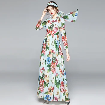 Naiste 2020 Raja Uus Mood Lace Up Flower Print Pikad Varrukad sifonki Maxi Kleit, Elegantne vabaaja slim Puhkus Pikk Kleit