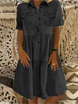 Naiste Pikk Denim Kleit Plisseeritud Lühikeste varrukatega Kleit Taskud Keera Kaela Nuppu Mood Uued Suve