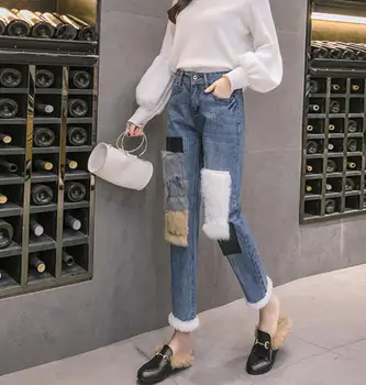 Naiste püksid Küülik karusnaha teksad pluss, samet, kõrge vöökoht korea liiga sirge haaremi naiste püksid streetwear daamid püksid