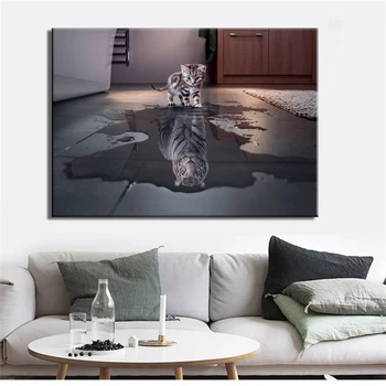 Peegeldus Kass on Nagu Tiiger Trükitud Plakat Kaasaegne Seina Art Lõuend Maali Pildid, Lõuend Home Decor raamita
