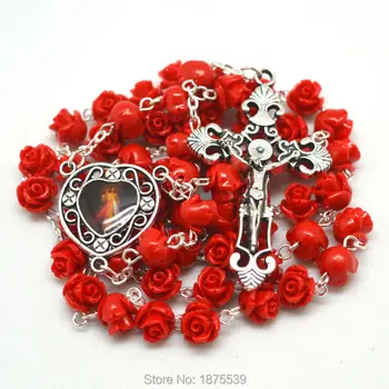 Red Coral Flower Rant Jeesuse südame medal katoliku roosipärja