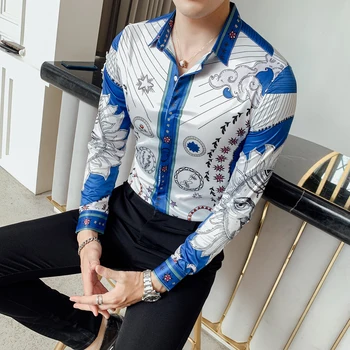 Royal Blue Print Meeste Särk, Pikad Varrukad 2019 Mood Päevasärgid Slim Fit Särgid Streetwear Riided Camisa Sotsiaalne Masculina