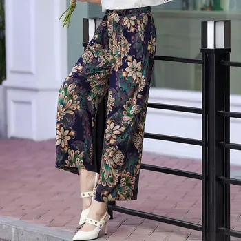 Suvel Lai Jalg Püksid Naiste Pluss Suurus XL-5XL Kõrge Vöökoht Naiste Püksid Suvi 2010 Vöö Vibu Seotud Prindi Bohemian Pikad Püksid