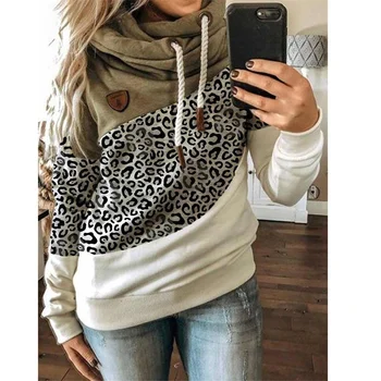 Sügis-Talvine Naiste Kapott Kaela Leopard Kamuflaaž Värvi Plokk Segast Kuuluvad Topp Dressipluus Pullover Vabaaja Soe Kapuutsiga Tops