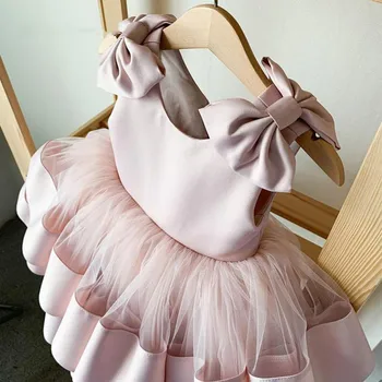 Uus Pundunud Baby Girl Kleidid Kihid Vibu Lapsed Printsess Esimest Sünnipäeva Kleit Vibu-õla Kid Pool Kleit Riided Suurus 12M 18M 24 M