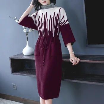 Uus Sügis Naiste Mood Punane Kõrge Kaelusega Kudum Kampsun Talvel Pluss Suurus Naiste Vintage Pikk Kampsun Elegantne Vabaaja Soe Kleit