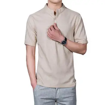 2020! Camiseta con cuello levantado para hombre de manga corta de Värvi sólido estilo chino camisetas de lino de talla grande 5X