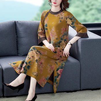 2021 Sügisel Õie Mulberry Silk Midi Kleidid korea Vintage 4XL Pluss Suurus Pikad Varrukad Naiste Kleit Elegantne Bodycon Pool Vestido