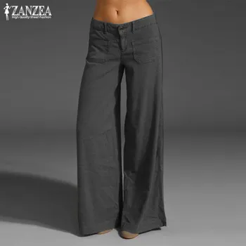 2021 ZANZEA Suve Püksid Mood Naiste Lai Jalg Püksid seal kaftan Tahke Nupp Ees Naeris Põhjuslik Naeris Pantalon Ülegabariidiliste