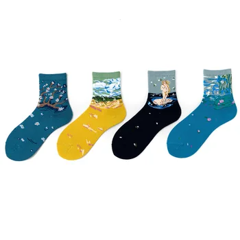 4 Paari/palju Õnnelik Naiste Soe, Naljakas, Armas Sokid Cartoon Streetwear Kawaii Lühikesed Sokid Van Gogh Kunsti Õli Värvi Puuvillased Sokid