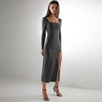 Beyouare Sügisel Elegantne Naiste Vabaaja Kleit Square Krae Pikk Varrukas, Slim Kõhn Keskel Vasikas Kleit 2020 Tahke Mood Naiste Kleit