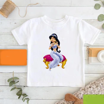 Disney Baby Kids T-särgid Fashion Girl Kawaii Printsess Jasmine Koomiks Anime Print Valge Suve Lihtne Ümmargune Kaelus T-särk Top