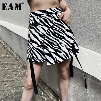 [EAM] Kõrge Vöökoht Must Muster Trükitud Lindi Ebaregulaarne Mini Half-body Seelik Naiste Mood Tõusulaine Uus Kevad-Suvel 2021 1Y348