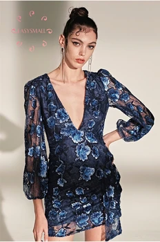EASYSMALL armastus sidrunid Naiste kleit Ehitud sinine lilleline pilduma high-end pool õhtul streetwear Kõrge Talje Kleidid