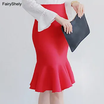 FairyShely 2020 Must Põlve Pikkus Ruffle Kontori Seelik, Naiste Sügis Kõrge Vöökoht Merineitsi Mini Seelikuga Daam, Seksikas Punane Lühike Tee Seelik