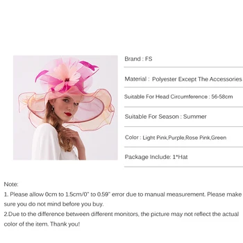 FS 2020 Organza Kiriku Mütsid Naistele Elegantsed Daamid Suve Poole Pulm Müts Roosa Roheline Suur Nokk Naine Fedoras Lillega