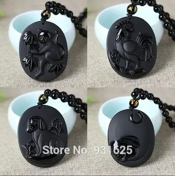Ilus Naturaalne Must Obsidian Käsitsi Nikerdatud Anciet Kaheteistkümne Hiina Zodiac Õnnelik Amulett Ripats + Helmed Kaelakee Mood Ehteid