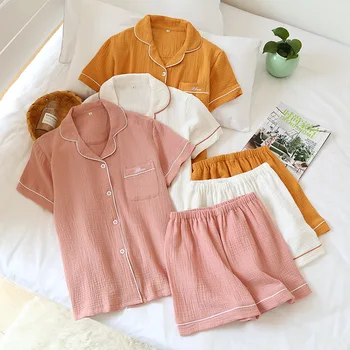 Jaapani suvel paar pidžaama sobiks puuvillane krepp daamid solid color lihtne lühikeste varrukatega särk, lühikesed püksid pidžaama meeste home service