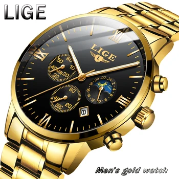 LIGE Uus Mens Kellad, Sport Chronograph Top Brändi Luksus Veekindel Full Steel Watch Meeste Kvarts Kell Gold Relogio Masculino