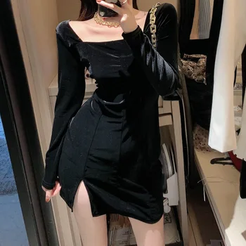 Must Elegantne Mini Kleit Naiste Square Krae Gooti Pikk Varrukas, Slim Pool Kleit Seksikas Naine Ühes tükis Kleit korea Sügisel 2020