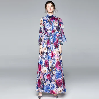 Naiste 2020 Raja Uus Mood Lace Up Flower Print Pikad Varrukad sifonki Maxi Kleit, Elegantne vabaaja slim Puhkus Pikk Kleit