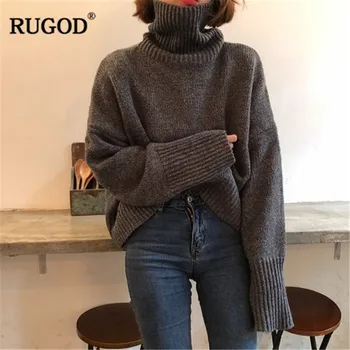 RUGOD Mood Tahke Kootud Pullover Lady Vabaaja kõrge kaelusega Lihtne Pullover Džemprid korea Stiilis Kampsun Termperament Streetwear