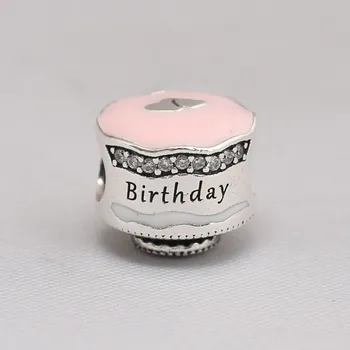 S925 Rant Võlu Roosa Emailiga Happy Birthday Cake Kristall Helmed sobivad Lady Käevõru Käevõru DIY Ehted