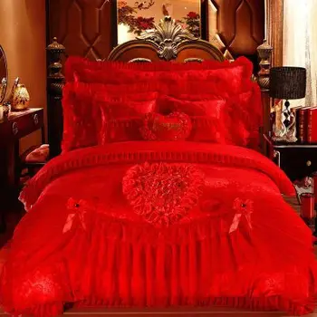 Satiin Siidist tikitud jacquard Roosa Punane pits pulm voodipesu komplekti,Luxury Silk tekikott,voodipesu,voodi lehel,housse de cuette