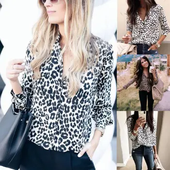 Summer Fashion Streetwear Partei Top Seksikas Leopard Printida Pluus Pikad Varrukad Naiste Särk V-Kaelus Femme Nupud Casual särk Top