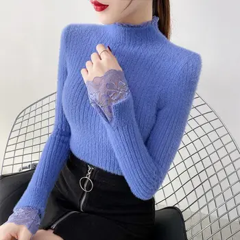 Sügis-Kevad Basic Kampsun Naistele Office Daamid Slim Tahke Naine Pulloverid Kootud kõrge kaelusega Pits Tõmba Vabaaja Dzemper