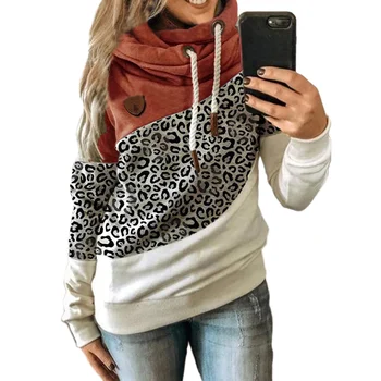 Sügis-Talvine Naiste Kapott Kaela Leopard Kamuflaaž Värvi Plokk Segast Kuuluvad Topp Dressipluus Pullover Vabaaja Soe Kapuutsiga Tops
