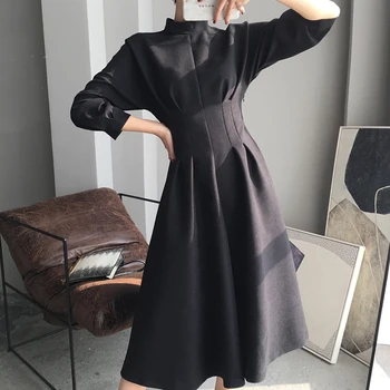 Sügisel korea Stiilis Elegantne Seista Krae Vintage Laiendamine Must Naiste Midi Kleidid Kõrge Vöökoht-Suurpärase Stiilne Office lady Kleidid