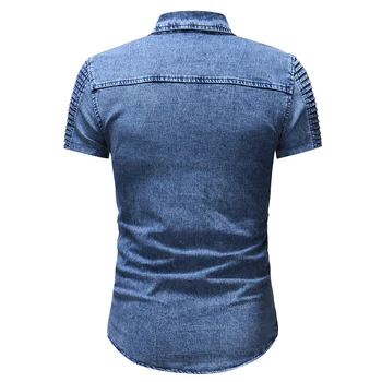 Uued denim rõivaste väliskaubandus lühikeste varrukatega särk isiksuse õmblemine plisseeritud varruka teksariidest särk meeste riided 2018 M-XXXL